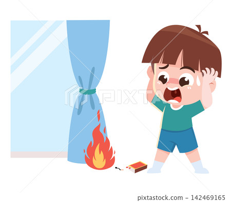 Child Playing With Matches Causing Curtain Fire Cartoon Illustration Child Playing With Matches Causing Curtain Fire Cartoon Illustration 142469165