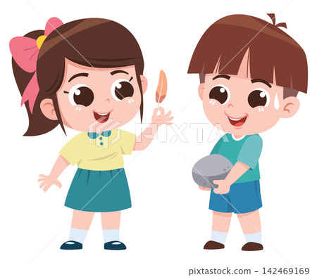 Kids Comparing Light Feather and Heavy Rock Cartoon Illustration 142469169