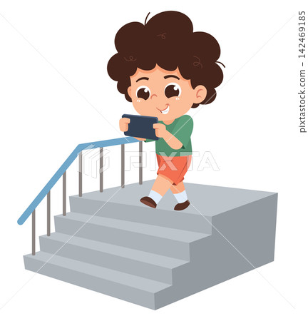 Child Using Smartphone While Walking Down Stairs Dangerous Behavior Cartoon Illustration Child Using Smartphone While Walking Down Stairs Dangerous Behavior Cartoon Illustration 142469185