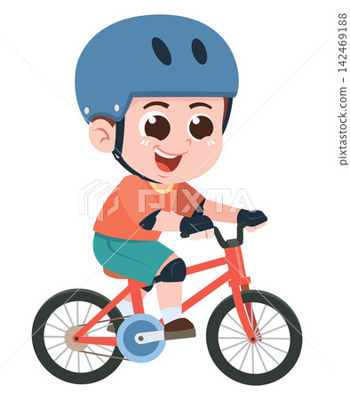 Child Wearing Helmet and Protective Gear While Riding Bicycle Cartoon Illustration Child Wearing Helmet and Protective Gear While Riding Bicycle Cartoon Illustration 142469188