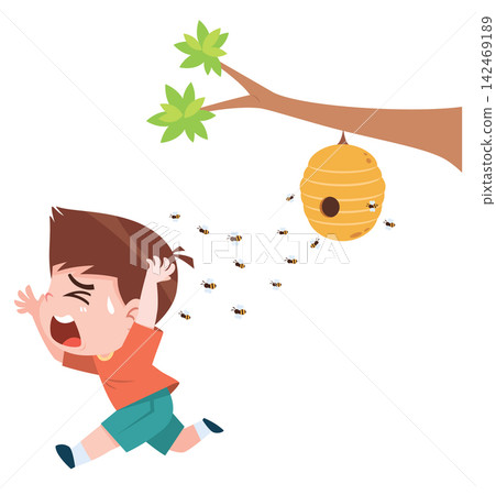 Child Running Away from Bee Swarm After Disturbing Beehive Cartoon Illustration 142469189