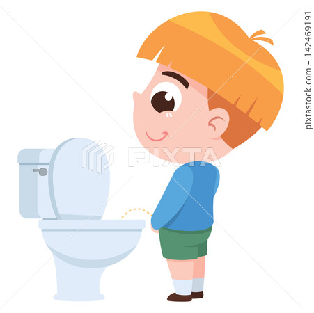 Little Boy Urinating in Toilet Cartoon Illustration Kids Bathroom Training Concept Little Boy Urinating in Toilet Cartoon Illustration Kids Bathroom Training Concept 142469191