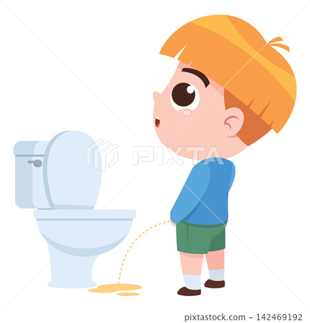 Little Boy Urinating Outside Toilet Cartoon Illustration Kids Bathroom Hygiene Mistake Concept Little Boy Urinating Outside Toilet Cartoon Illustration Kids Bathroom Hygiene Mistake Concept 142469192
