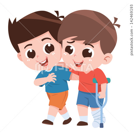 Child Helping Injured Friend with Cast Walking Support Cartoon Illustration Kids Care Concept Child Helping Injured Friend with Cast Walking Support Cartoon Illustration Kids Care Concept 142469193
