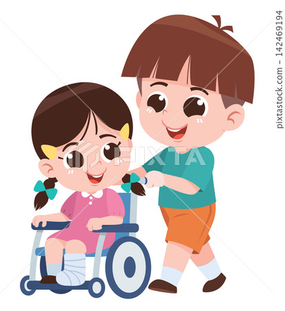 Child Helping Injured Friend in Wheelchair Cartoon Illustration Child Helping Injured Friend in Wheelchair Cartoon Illustration 142469194