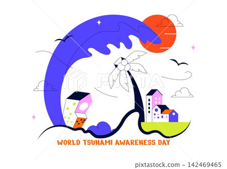 World Tsunami Awareness Day Vector Illustration Featuring Disaster Preparedness, Coastal Safety, Emergency Response, Ocean Waves, and Natural Hazard World Tsunami Awareness Day Vector Illustration Featuring Disaster Preparedness, Coastal Safety, Emergency Response, Ocean Waves, and Natural Hazard 142469465
