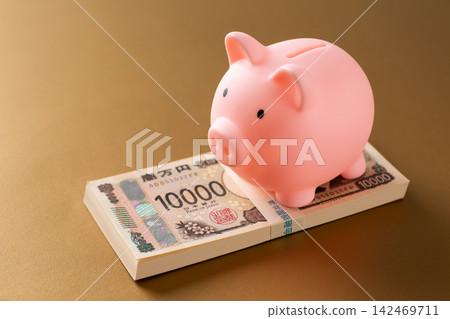 一疊100萬日元鈔票和一個粉紅色小豬存錢筒-金袋 一疊100萬日元鈔票和一個粉紅色小豬存錢筒-金袋 142469711