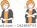 A set of vector illustrations of a woman complaining of feeling unwell, such as having a stomach ache or chills. 142469733