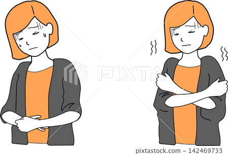 A set of vector illustrations of a woman complaining of feeling unwell, such as having a stomach ache or chills. A set of vector illustrations of a woman complaining of feeling unwell, such as having a stomach ache or chills. 142469733