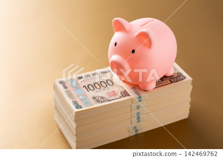 一疊600萬日圓鈔票、一個粉紅色小豬存錢筒、一個金袋 142469762