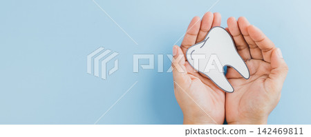 Dentist Day, a woman hands carefully hold a tooth paper cutout Dentist Day, a woman hands carefully hold a tooth paper cutout 142469811