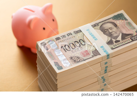 一疊1000萬日元鈔票和一個粉紅色小豬存錢筒-金袋 一疊1000萬日元鈔票和一個粉紅色小豬存錢筒-金袋 142470065