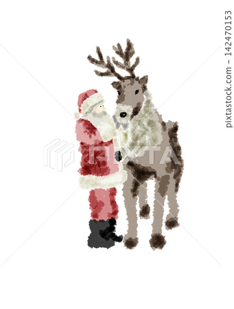 A watercolor-style Christmas illustration of Santa Claus snuggling up to a reindeer. A watercolor-style Christmas illustration of Santa Claus snuggling up to a reindeer. 142470153