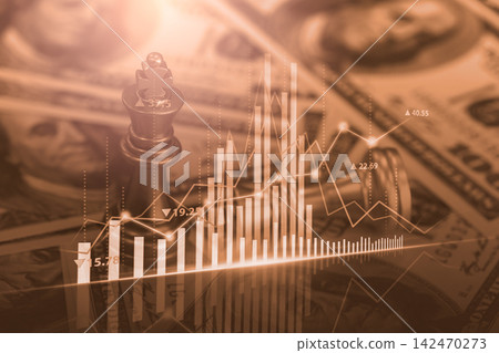 Business man on digital stock market financial indicator background. Digital business and stock market financial indicator on LED. Double exposure of business man and digital stock market financial. 142470273