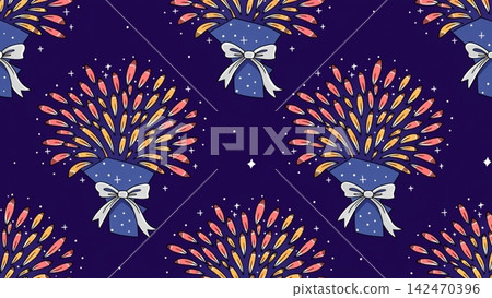 Flower bouquet wrapped in paper and ribbon, New Year vector background  142470396