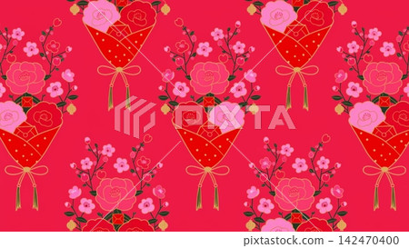 Flower bouquet wrapped in paper and ribbon, New Year vector background Flower bouquet wrapped in paper and ribbon, New Year vector background 142470400