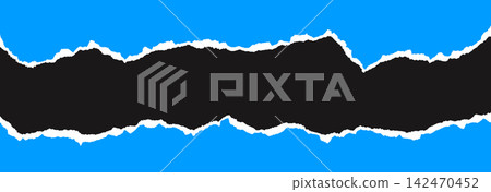 Bright blue torn paper banner background. Horizontal jagged edges frame. Ripped paper strip border for divider, letterhead, header, footer, collage, banner, sticker, poster. Tear uneven pieces. Vector Bright blue torn paper banner background. Horizontal jagged edges frame. Ripped paper strip border for divider, letterhead, header, footer, collage, banner, sticker, poster. Tear uneven pieces. Vector 142470452