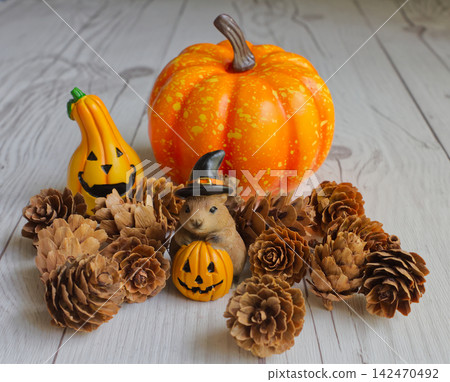 Halloween decorations: Cute little animal figurines surrounded by pumpkins and pine cones Halloween decorations: Cute little animal figurines surrounded by pumpkins and pine cones 142470492