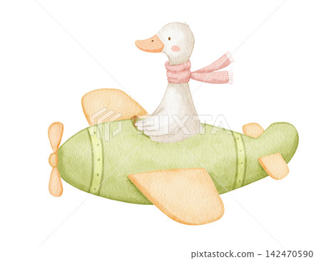 Cartoon pilot goose character with scarf in plane. Watercolor funny baby illustration for children, nursery print. Cartoon pilot goose character with scarf in plane. Watercolor funny baby illustration for children, nursery print. 142470590