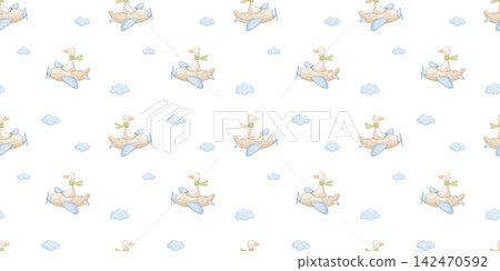 Seamless pattern with cute goose flying little plane in clouds. Childish character for kids. Watercolour hand drawn illustrations Seamless pattern with cute goose flying little plane in clouds. Childish character for kids. Watercolour hand drawn illustrations 142470592