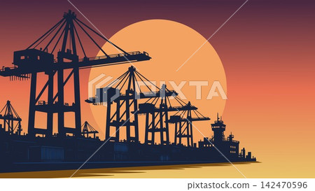 Industrial port cover background at sunset with cargo cranes silhouette Industrial port cover background at sunset with cargo cranes silhouette 142470596