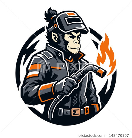 Monkey welder mascot logo template for industrial welding service brand Monkey welder mascot logo template for industrial welding service brand 142470597