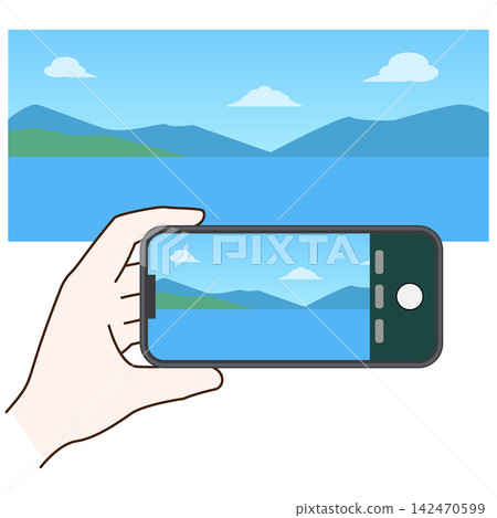 An illustration of someone taking a landscape photo with a smartphone held horizontally. 142470599