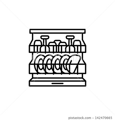 Dishwasher line icon for home appliances, kitchen equipment, dish cleaning, household devices, kitchen maintenance, home interior, web, mobile apps, and infographic design, isolated 142470665