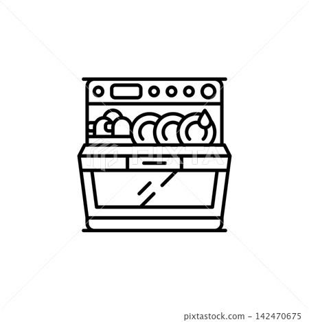 Dishwasher line icon for home appliances, kitchen equipment, dish cleaning, household devices, kitchen maintenance, home interior, web, mobile apps, and infographic design, isolated 142470675