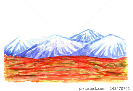 Bright color hand-drawn landscape. Watercolor, gouache illustration for travel, tourism, nature design. Icy snowy blue peaks of a mountain range, terracotta hills. Bright color hand-drawn landscape. Watercolor, gouache illustration for travel, tourism, nature design. Icy snowy blue peaks of a mountain range, terracotta hills. 142470745