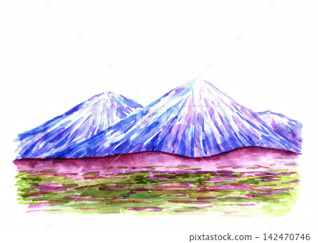 Bright color hand-drawn landscape. Watercolor, gouache illustration for travel, tourism, nature design. Icy snowy blue peaks of a mountain range, purple green hills on a white background. Bright color hand-drawn landscape. Watercolor, gouache illustration for travel, tourism, nature design. Icy snowy blue peaks of a mountain range, purple green hills on a white background. 142470746