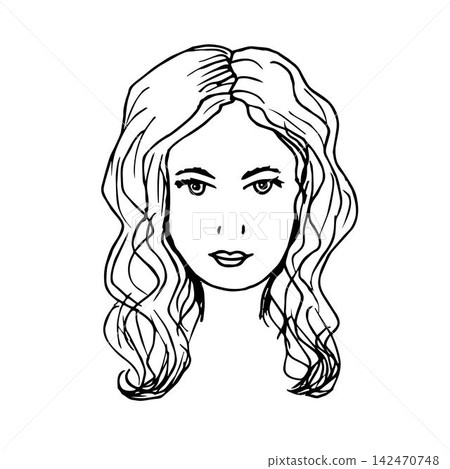 Vector hand-drawn black outline portrait of a beautiful, cute, young, pretty woman with long wavy hair. For beauty and fashion design, cosmetology. Ink sketch. Vector hand-drawn black outline portrait of a beautiful, cute, young, pretty woman with long wavy hair. For beauty and fashion design, cosmetology. Ink sketch. 142470748
