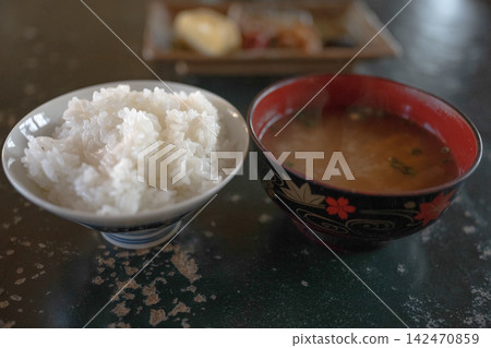 Japanese breakfast set with white rice and miso soup Japanese breakfast set with white rice and miso soup 142470859
