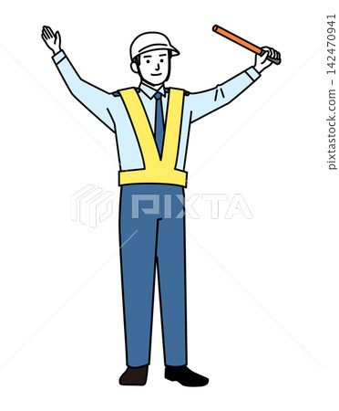 A young man acting as a traffic controller A young man acting as a traffic controller 142470941