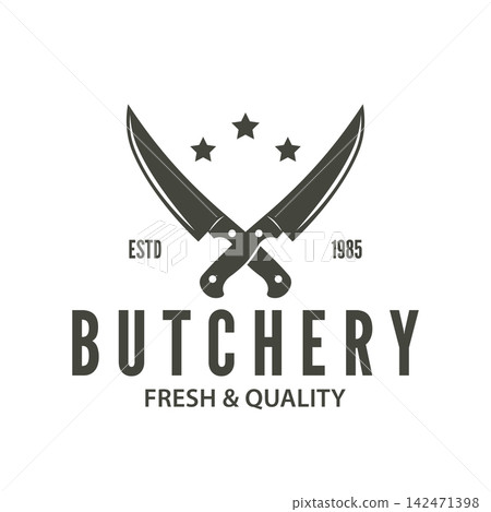 Crossed Meat Knives with a Star Above, Simple Retro Vintage Style, Suitable for Restaurant and Butcher Shop Logos, Vector Illustration 142471398