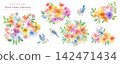 A set of colorful watercolor-style PNG images of flowers and birds. 142471434