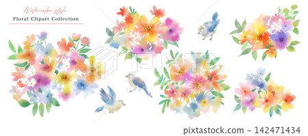 一組色彩鮮豔的水彩風格PNG格式花鳥圖片。 142471434