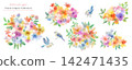 A set of colorful watercolor-style vectors featuring flowers, plants, and birds. 142471435