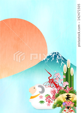 A Japanese New Year's card illustration featuring sheep and Mount Fuji. 142471505