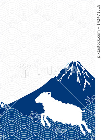 An illustration of a sheep against a backdrop of Mount Fuji and wave patterns. An illustration of a sheep against a backdrop of Mount Fuji and wave patterns. 142471519