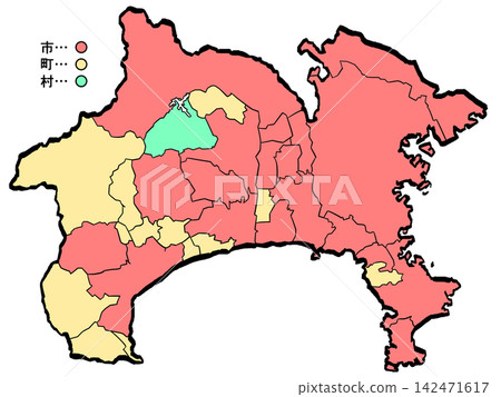 Kanagawa Prefecture Map: City/Town Color (Brushstroke Style) - Japanese Style Kanagawa Prefecture Map: City/Town Color (Brushstroke Style) - Japanese Style 142471617