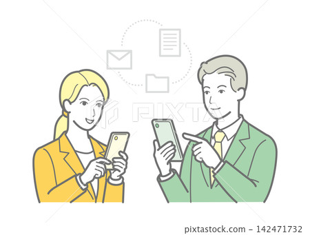 Male and female business professionals who use smartphones to share data and communicate. Male and female business professionals who use smartphones to share data and communicate. 142471732