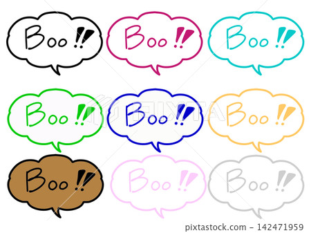 一組色彩鮮豔的手繪「Boo!!」對話框插圖(9種顏色) 一組色彩鮮豔的手繪「Boo!!」對話框插圖(9種顏色) 142471959