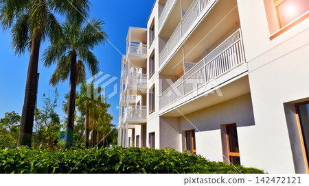 European residential architecture harmonizing with nature. Eco-friendly living in city with greens. Eco apartment building saving energy and fresh air concept. European residential architecture harmonizing with nature. Eco-friendly living in city with greens. Eco apartment building saving energy and fresh air concept. 142472121