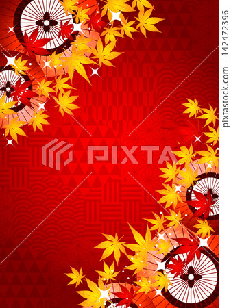 紅色蜂窩狀日式圖案，配上秋葉和日式雨傘，背景，秋季，可愛，插圖，垂直版 142472396