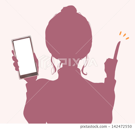 A woman shows her smartphone, holding up her index finger; silhouette. A woman shows her smartphone, holding up her index finger; silhouette. 142472550