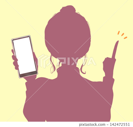 A woman shows her smartphone, holding up her index finger; silhouette. A woman shows her smartphone, holding up her index finger; silhouette. 142472551