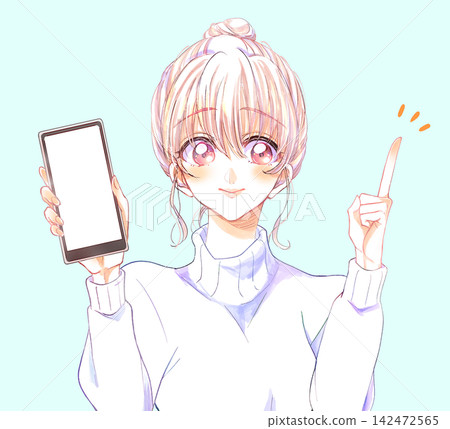 一名女子展示她的智慧型手機，並豎起食指。 142472565
