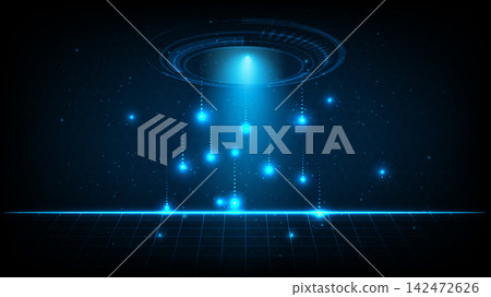 Futuristic Glowing HUD Circle with Light Rays and Data Transfer Particles Futuristic Glowing HUD Circle with Light Rays and Data Transfer Particles 142472626