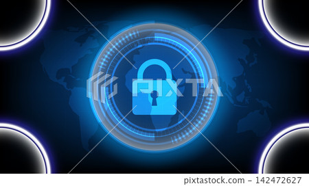 Technology background featuring a digital padlock, HUD element and world map for data protection Technology background featuring a digital padlock, HUD element and world map for data protection 142472627